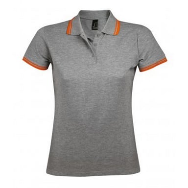 SOLS Womens/Ladies Pasadena Tipped Short Sleeve Pique Polo Shirt (Grey Marl/Orange)