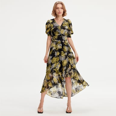 Linear Flower Print Plunging Hem Dress