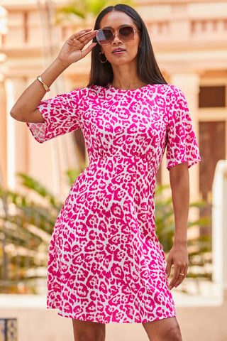 Pink Animal Print Fluted Sleeve Fit & Flare Dress