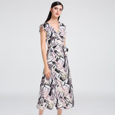 Geometrical Print Midi Wrap Dress