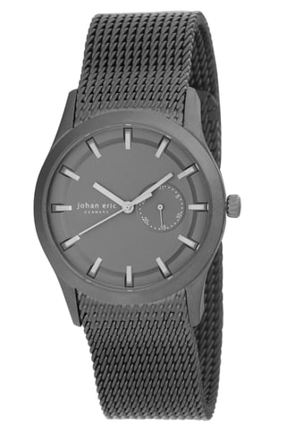 Johan Eric: Reloj AgersÃ¸ para hombre, esfera gris con subesfera de fecha, caja gris ip y pulsera de malla.