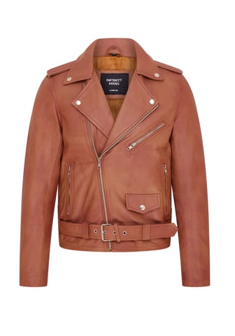 Chaqueta motera de cuero Brando clásica color canela para hombre - Heinola