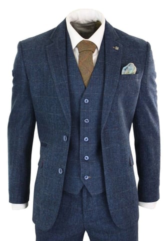 Traje clásico vintage de tweed azul marino de tres piezas con diseño de espiga para hombre