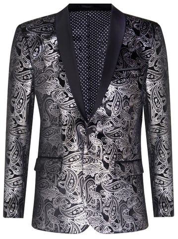 Chaqueta de esmoquin clásica de terciopelo negro con estampado paisley plateado para hombre