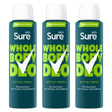 Sure Men Whole Body Deodorant Spray Active Fresh w/ 72H Odour Control 150ml, 3pk
