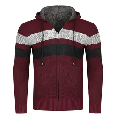 Men's Winter Transition Cardigan with Hood Lined Chunky Knit Hooded Warm Jacket Burgundy