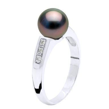 Ring Jewelry Diamond 0,06 Cts - White Gold - Real Cultured Tahiti Pearl Round 8-9 mm