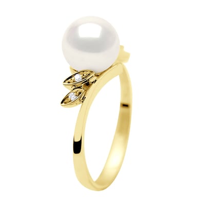 Ring Diamonds 0,04 Cts Real Cultured Freshwater Pearl Round 7-8 mm