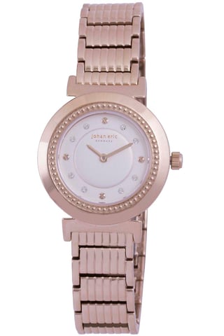 Johan Eric: Djursland, reloj de mujer, esfera plateada, Ã­ndices aplicados tipo tornillo con cristales Swarovski, caja y brazalete de acero inoxidable chapados en oro rosa.