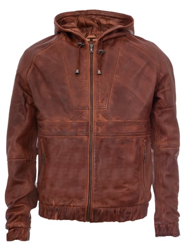 Chaqueta de motociclista estilo bomber con capucha y cremallera de cuero