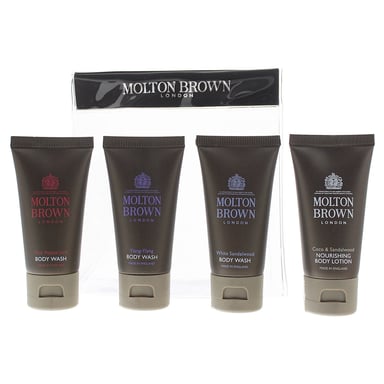 Molton Brown 4 Piece Gift Set: Coco Sandalwood Body Lotion 30ml - Ylang Ylang Body Wash 30ml - White Sandalwood Body Wash 30ml - Pink Pepperpod Body Wash 30ml