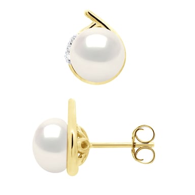 Earrings Surroundings Diamonds 0,03 Cts Yellow Gold - Real Cultured Freshwater Pearls Button 7-8 mm