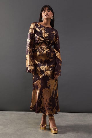 Metallic Marble Twist Front Bias Midi Dress