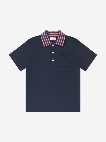 Etro Boys Striped Collar Polo Shirt in Navy