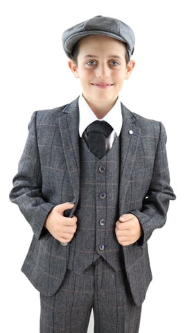 Traje clásico de tweed a cuadros en espiga gris carbón de 3 piezas para niños