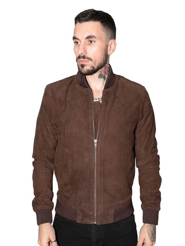 Chaqueta bomber universitaria de cuero de ante de cabra retro para hombre - Atenas