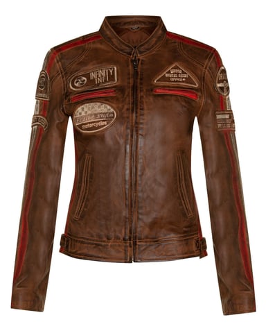 Chaqueta de cuero para mujer con insignias de carreras de motociclista - Agadir