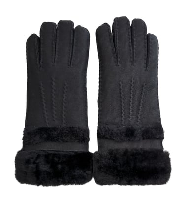 Guantes de gamuza de piel de oveja negra auténtica para mujer con puños enrollables hacia arriba y hacia abajo