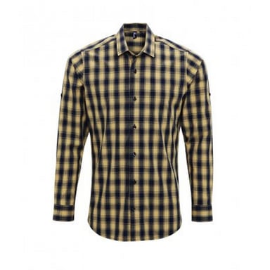 Premier Mens Mulligan Check Long Sleeve Shirt (Camel/Navy)