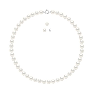 Set Necklace + Earrings - Real Cultured Freshwater Pearls Round 8-9 mm