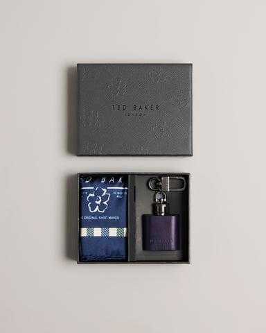 Ted Baker Dumfree House Check Pocket Square And Hip Flask Set, Dark Blue