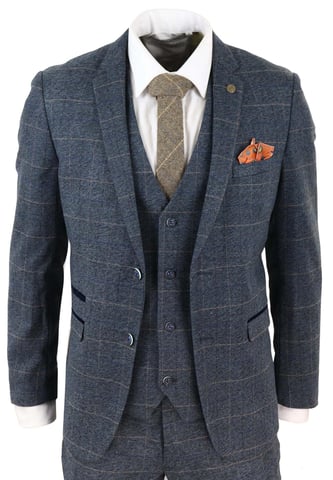 Traje vintage de tweed azul a cuadros de tres piezas para hombre