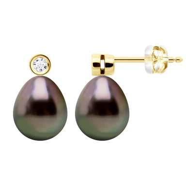 Earrings Prestige -Diamonds 0,02 Cts - Yellow Gold - Real Cultured Tahiti Pearls Pear 9-10 mm