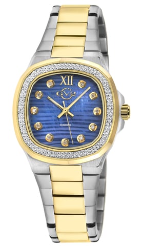 GV2 Potente Lady Blue MOP dial, Reloj suizo GV2 Potente Lady, esfera azul nácar, Acero inoxidable 316L bicolor IPYG, con diamantes.