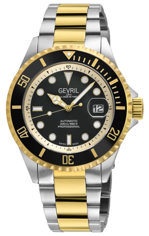 Reloj automático suizo Gevril Wall Street para hombre, caja SS/IPYG, bisel negro, esfera esmaltada negra, pulsera satinada y pulida SS/IPYG