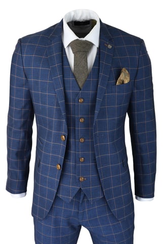 Traje de tres piezas para hombre con cuadros azules y dorados Peaky Blinders, traje elegante estilo Gatsby vintage de los años 20