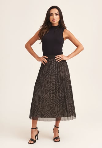 Falda midi plisada superpuesta de malla con estampado animal negra