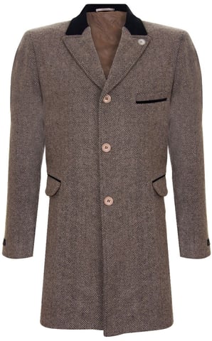 Chaqueta larga de tweed de espiga de Crombie marrón 3/4 para hombre Peaky Blinder