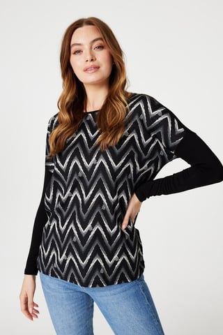 Black Chevron Print Long Sleeve Top