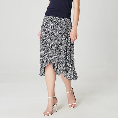 Cross-ruffles and floral print skirt