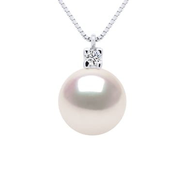 Necklace Jewelry Diamonds 0,03 Cts - Real Cultured Pearl Akoya Japanese Certified Round 8-9 mm