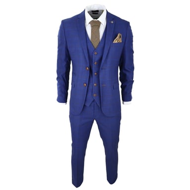 Traje de tres piezas a medida con cuadros azules y marrones para hombre