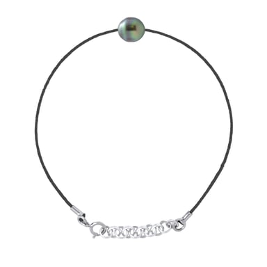Bracelet Love Links in Twisted Nylon of Black Color adorned with a Real Cultured Tahiti Pearl Circled 8-9 mm