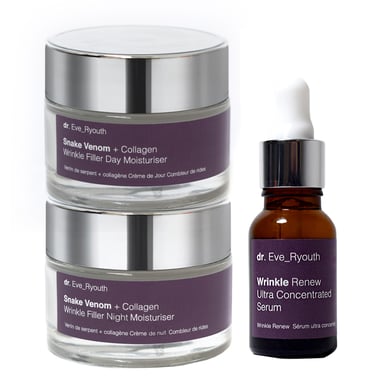 Snake Venom + Hidratante de Día Rellenador de Arrugas con Colágeno 50ml + Veneno de Serpiente + Hidratante de Noche Rellenador de Arrugas con Colágeno 50ml + Suero Ultra Concentrado Wrinkle Renew 15ml
