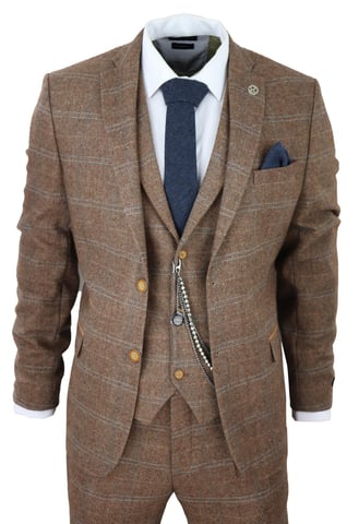 Traje de lana de 3 piezas para hombre, de tweed marrón roble, con cuadros de espiga y Peaky Blinders, Gatsby