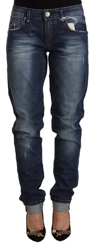 Jeans de mezclilla de cintura media ajustados de mujer Acht, azul desgastado con dobladillo doblado