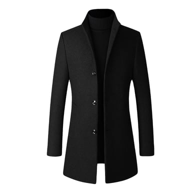 Men's Wool Long Slim Fit Stand-Up Collar Business Coat for Winter Black