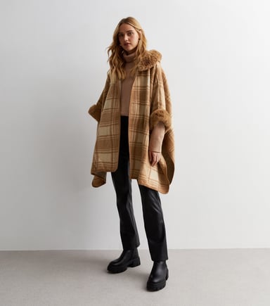 Fur Trim Check Longline Cape