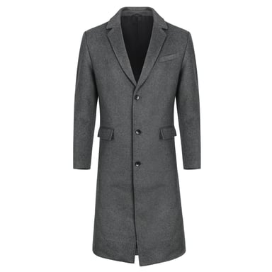Men's Knee-Length Winter Wool Coat Slim Fit Turn-Down Collar Business Coats Gray