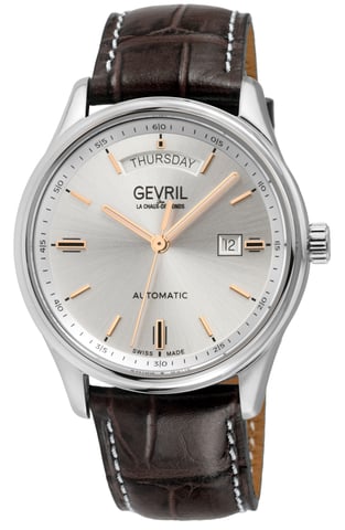 Gevril Excelsior 48201 Reloj suizo automático plateado con caja de acero inoxidable 316L y esfera plateada para hombre