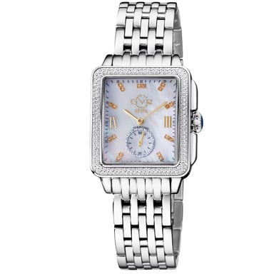 GV2 Reloj de pulsera de acero inoxidable con esfera de nácar y diamantes de cuarzo suizo Bari para mujer