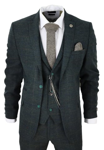 Traje de lana de 3 piezas para hombre, de tweed verde oliva y cuadros, Peaky Blinders, estilo Gatsby de los años 20