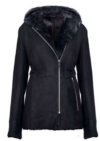 Chaqueta de piel de oveja merino con capucha negra para mujer - Mandalay