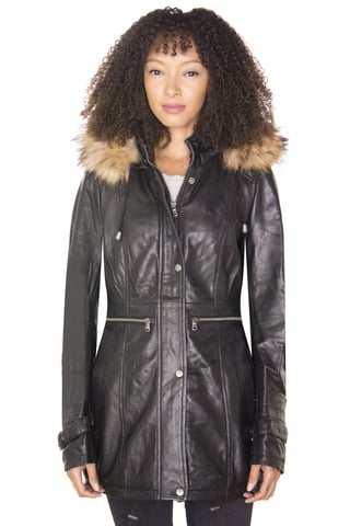 Chaqueta tipo parka de cuero con capucha para mujer - Putian