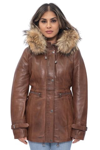 Chaqueta tipo parka de cuero con capucha para mujer - Putian