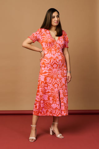 Orange Floral Tie Back Midi Tea Dress